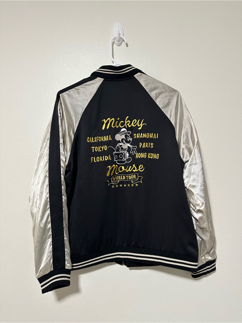 Uniqlo Disney Mickey Mouse Black & Silver Satin Bomber Jacket World Tour Design